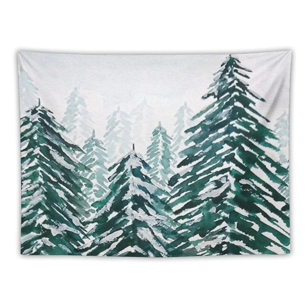 Hand Painted Snowy Pine Forest Green Tapestry