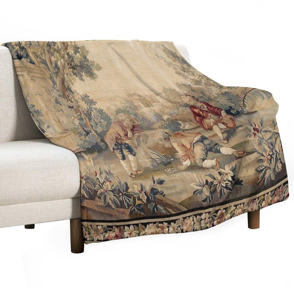 Aubusson  Antique French Tapestry Print Throw Blanket