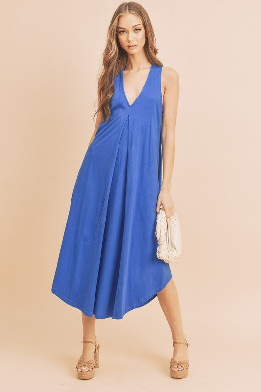 New Summer Front Pleat Detail V-Neck Sleeveless Midi Dress–Elegant, Feminine & Versatile Dress with Pleat Detailing, V-Neckline & Sleeveless Design for Both Casual & Formal Occasions