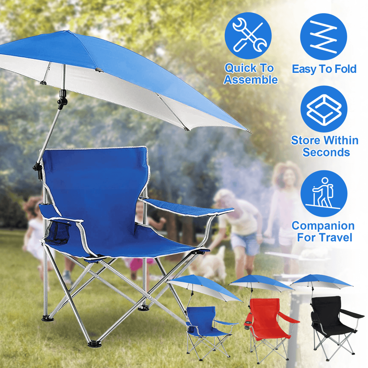Foldable Beach Chair with Detachable Umbrella Armrest Adjustable Canopy Stool with Cup Holder Carry Bag for Camping Poolside Travel Picnic Lawn Chair