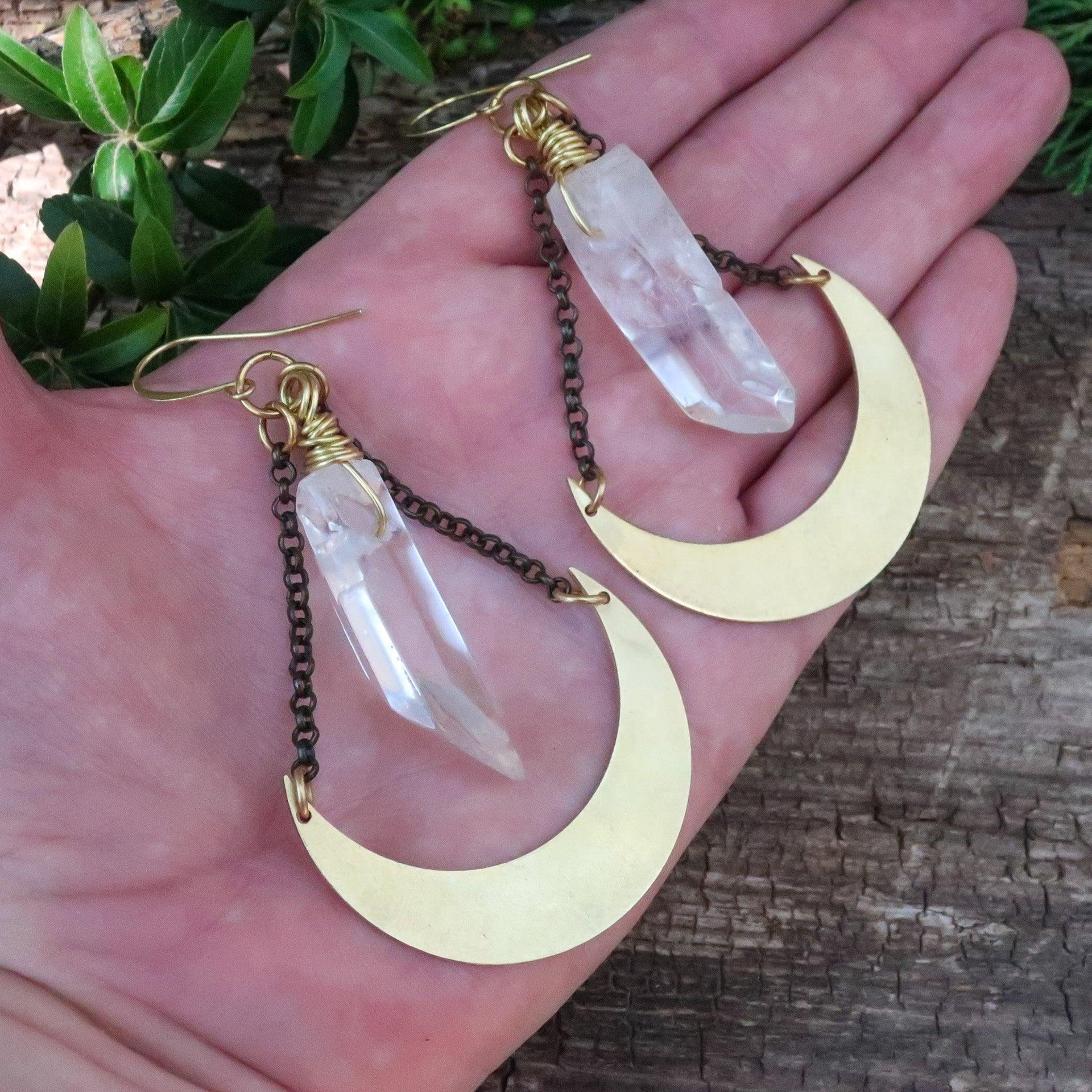 Quartz Point Earrings in Brass - Moon | Handmade by Blackbird & Sage
