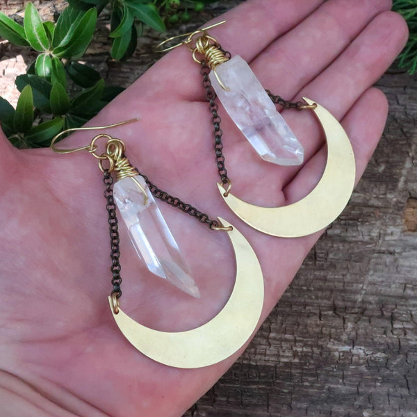 Quartz Point Earrings in Brass - Moon | Handmade by Blackbird & Sage