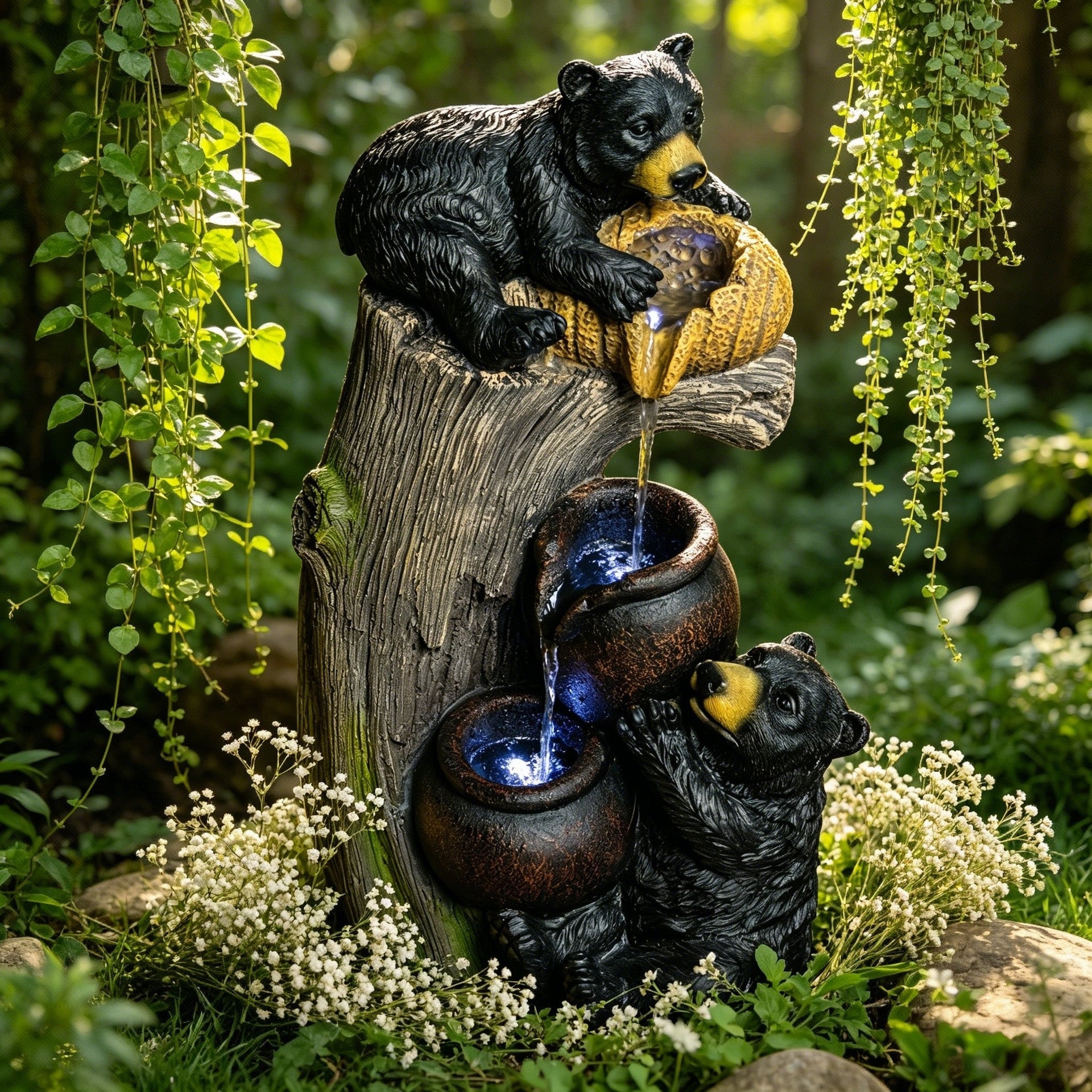Resin Black Bear Outdoor Water Fountain with LED Lights