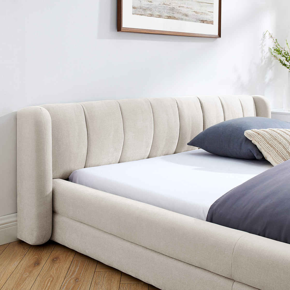 Queen Size Upholstered Bed Frame with Headboard - Beige
