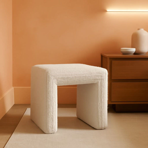 Cream Soft Boucle Upholstered Ottoman Footrest 18 Inches
