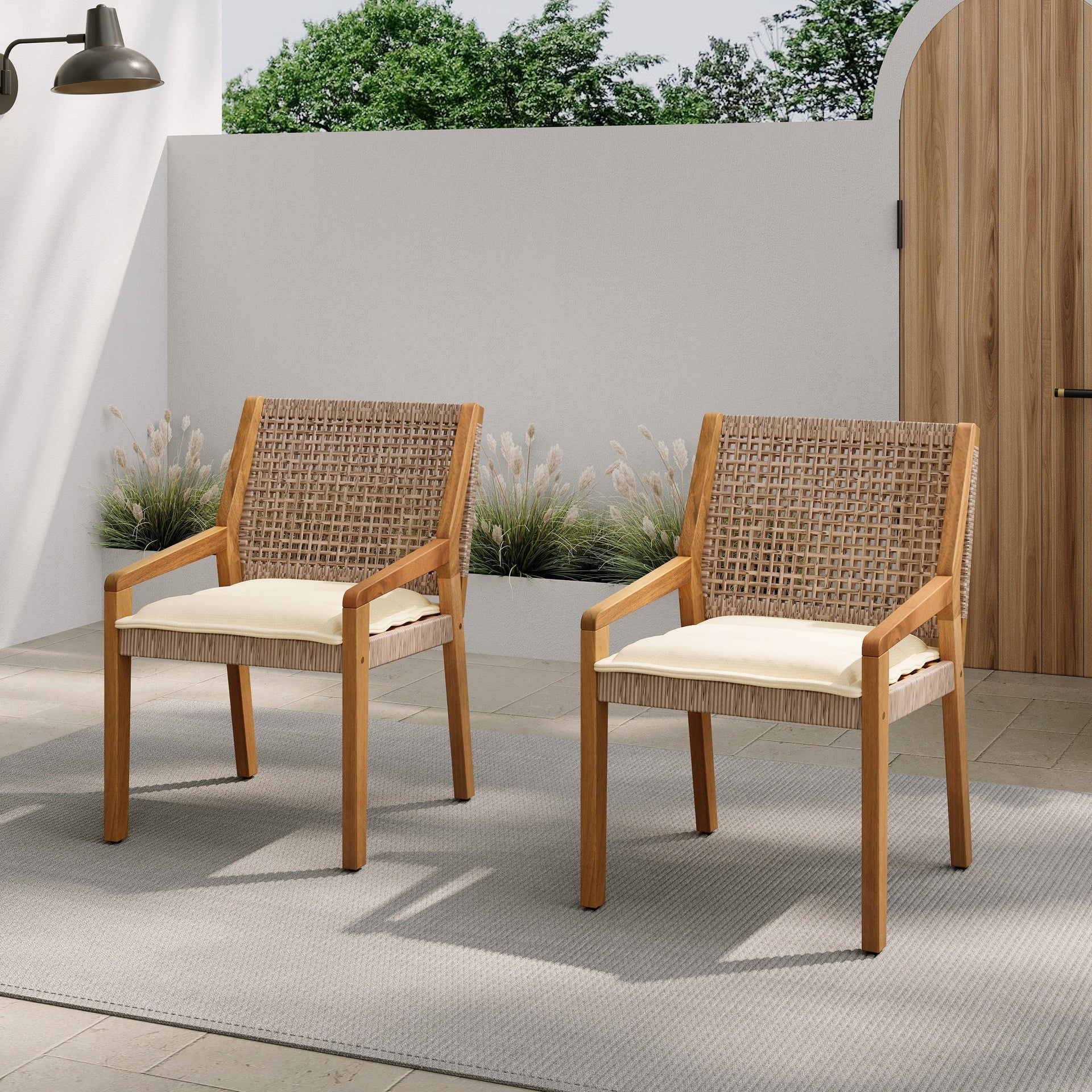 6 Outdoor Acacia Wood and Wicker Dining Chairs Set