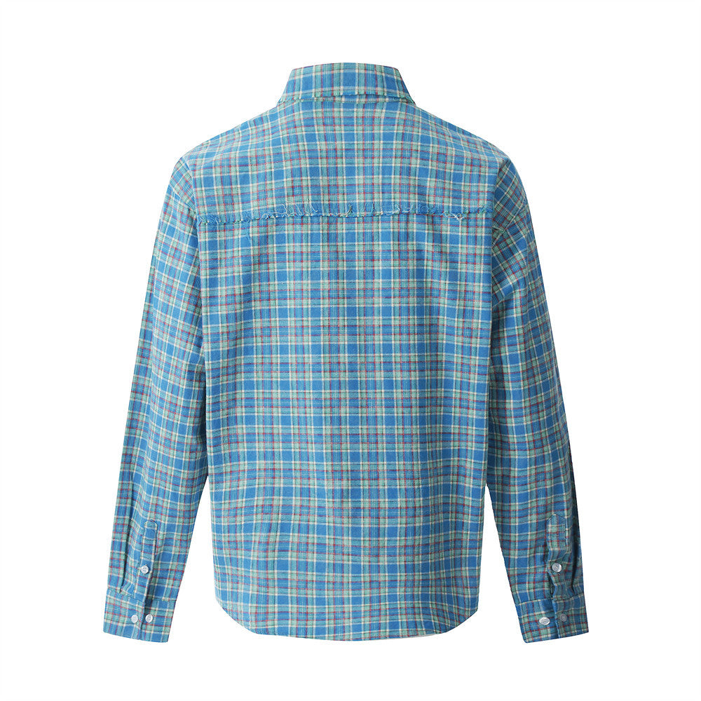 Plaid Long Sleeve Shirt Men's Spring Autumn Japanese Style Versatile Loose Casual Spliced Frayed Plaid Dress Shirt