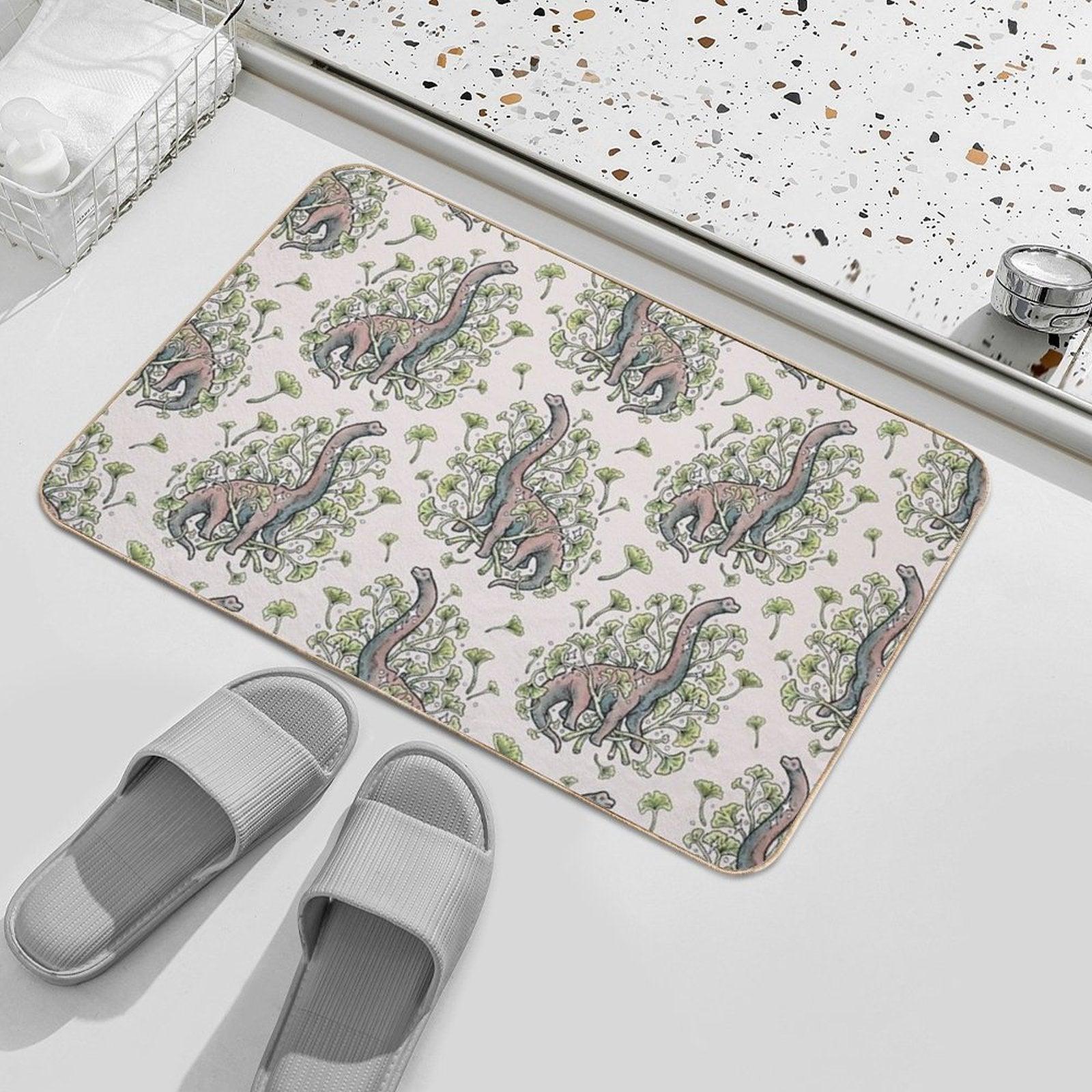 Brachio Ginkgo  Calm Color Palette  Dinosaur Botanical Art  Easy Maintenance Bath Mat