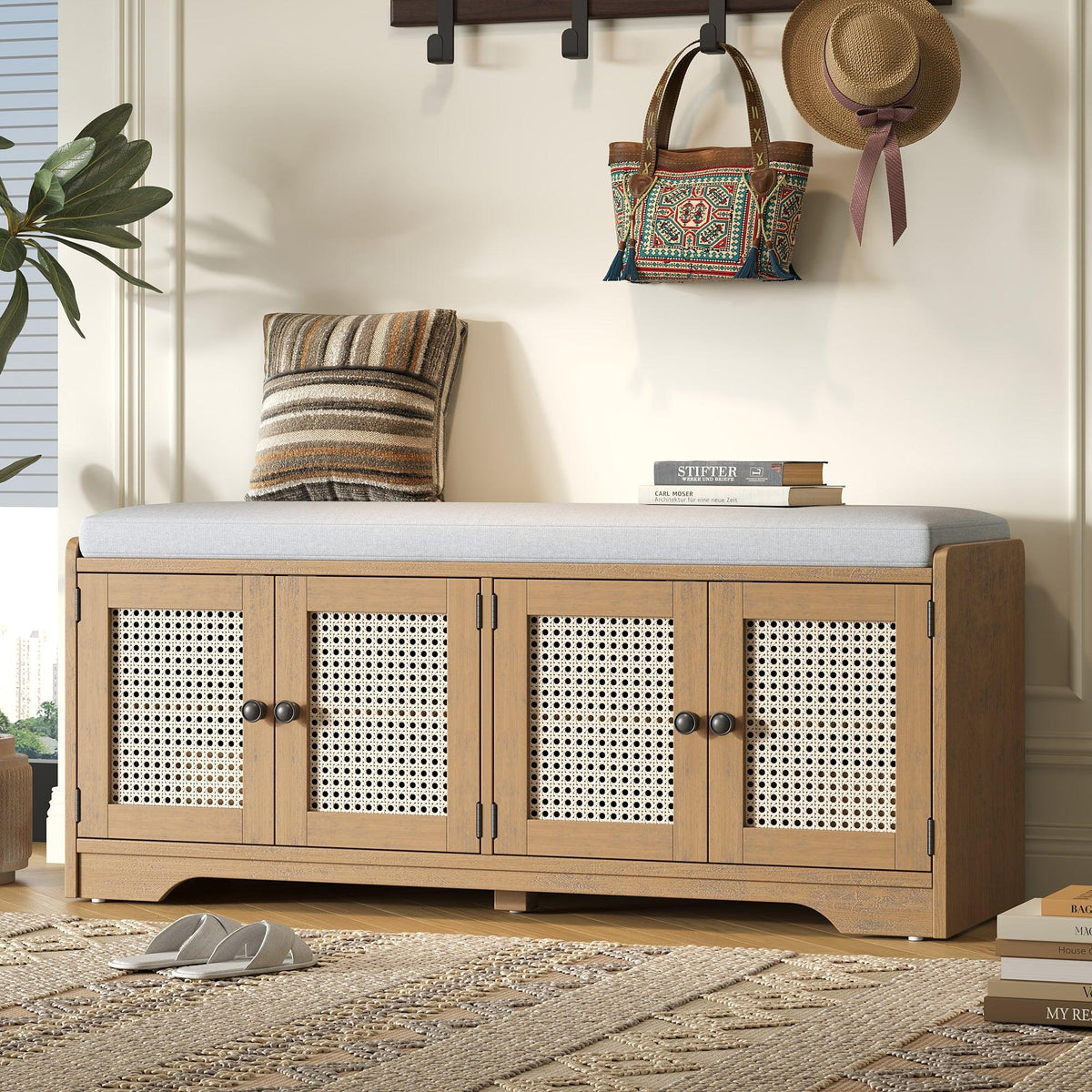 TREXM Rustic Storage Bench Multifunctional Wood Entryway Shoe Bench