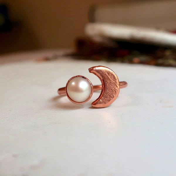 Copper Pearl Moon Open Ring Grounded Grace Calm | By Blackbird & Sage