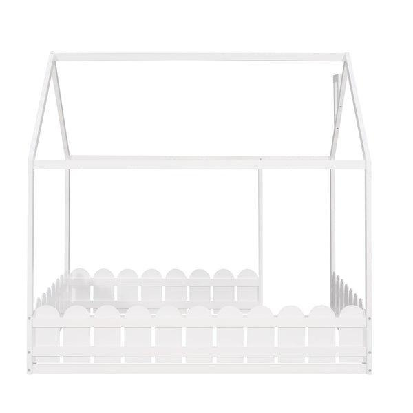 (Slats are not included) Full Size Wood Bed House Bed Frame with Fence for Kids Teens Girls Boys (White ) - Gifts for You 'n Me