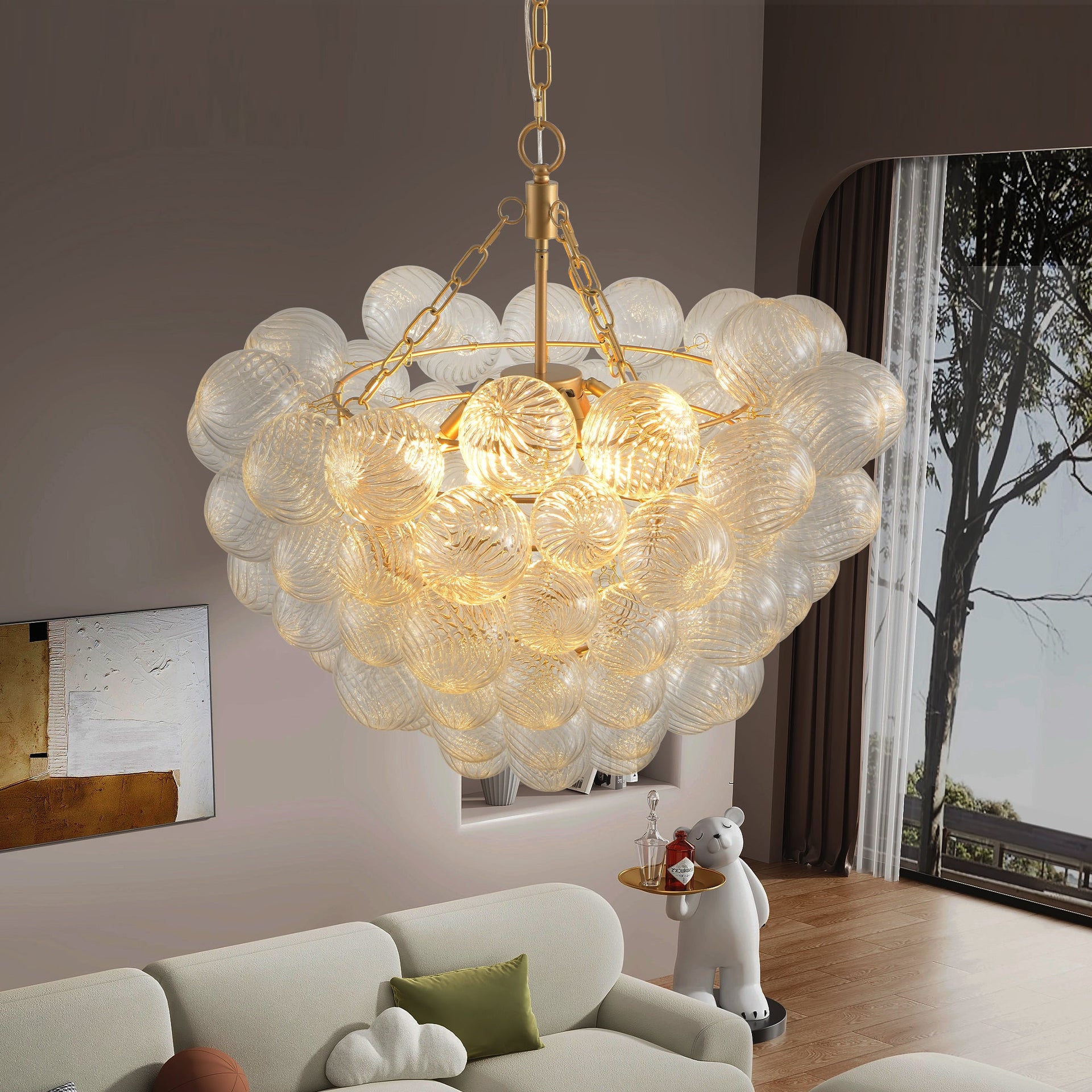Gold Pendant Chandelier with Threaded Clear Glass Globe Shade for Living, Dining & Kitchen