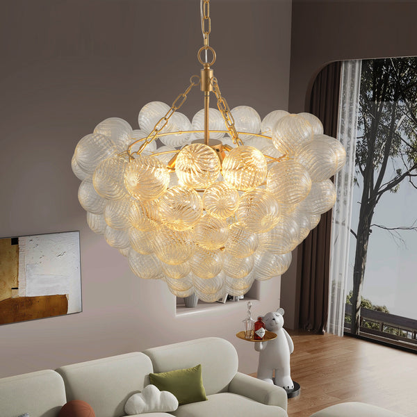 Gold Pendant Chandelier with Threaded Clear Glass Globe Shade for Living, Dining & Kitchen