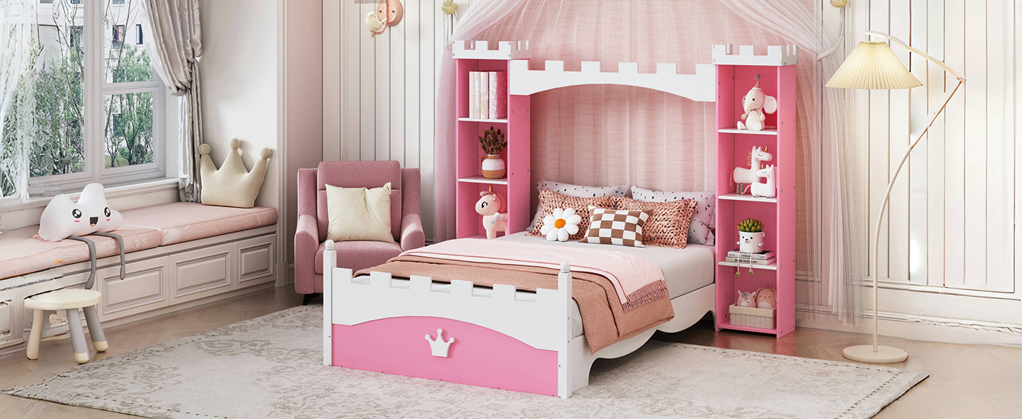 Castle-Shaped Wooden Bed with Storage Shelf, Dreamy Twin Size Platform Bed for Kids Bedroom, Pink+ White