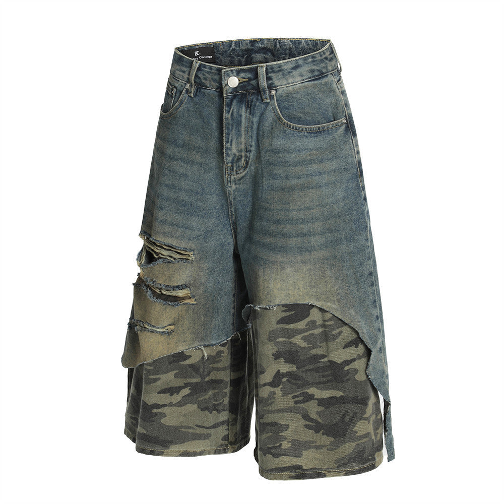 Post-Apocalyptic Style Distressed Patchwork Camouflage Seven-Quarter Denim Pants Men's Summer Fake Two-Piece Washed Frayed Hem Shorts