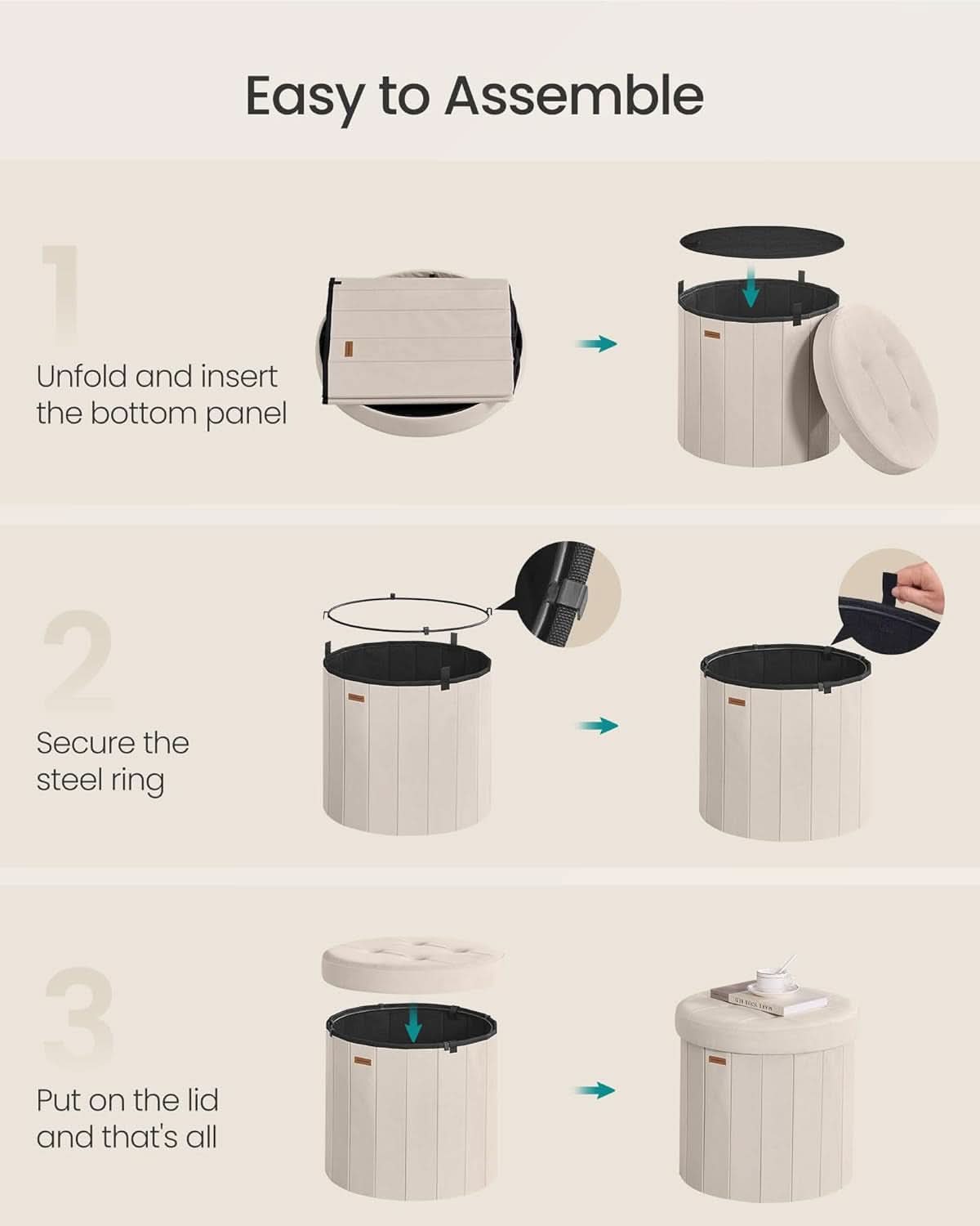 Round Folding Storage Ottoman Cappuccino Beige Velvet