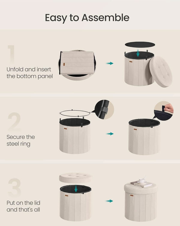 Round Folding Storage Ottoman Cappuccino Beige Velvet