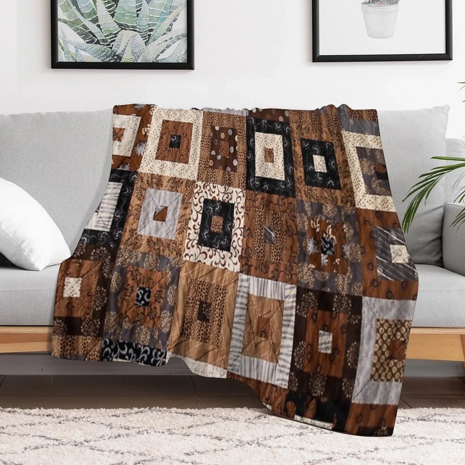 Classic Retro Brown Quilted Patchwork Quilting Pattern Mosaic Motif Throw Blanket