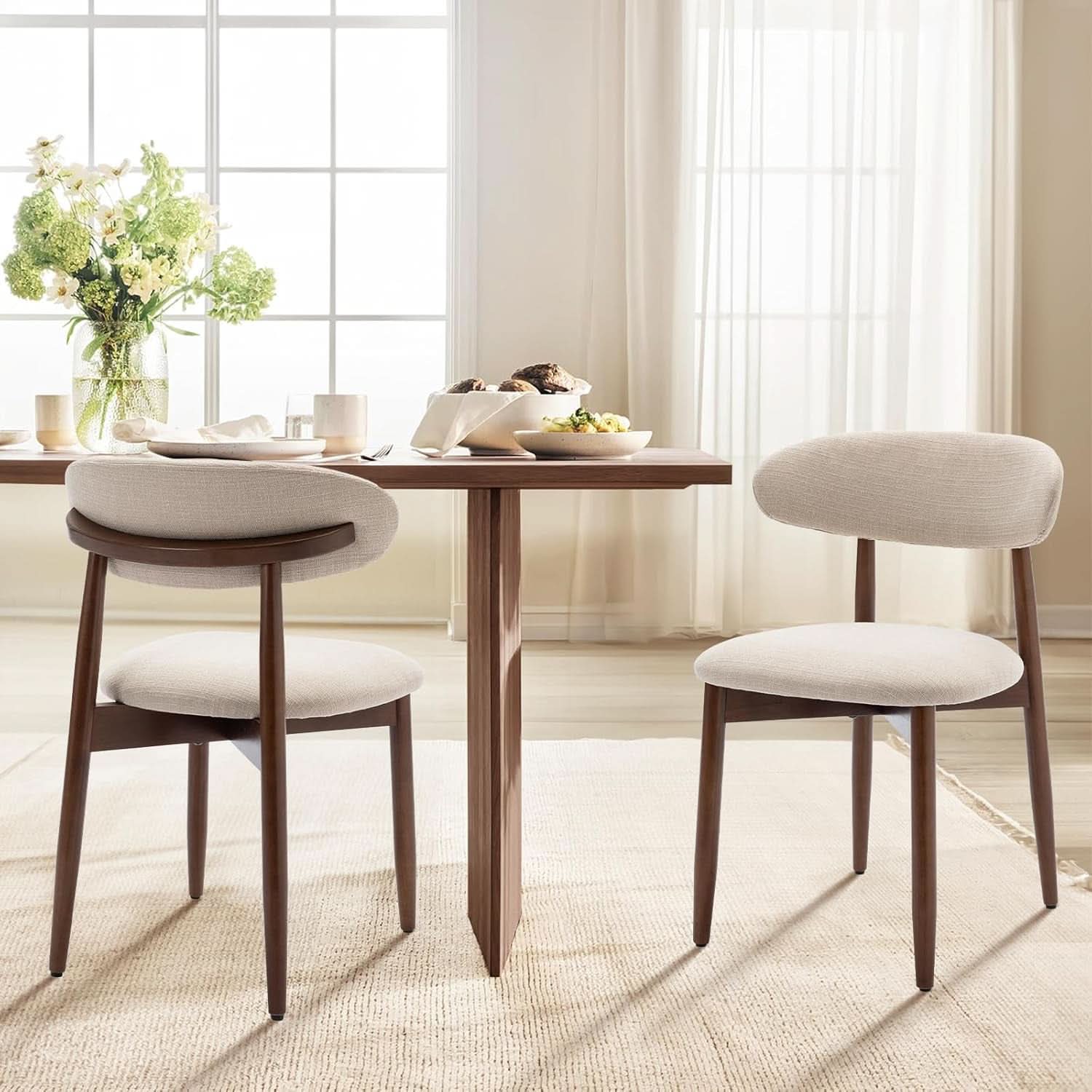 Beige Upholstered Contemporary Wood Dining Chair Set