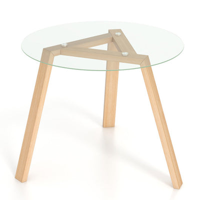 36 Inches Round Glass Dining Table for 4 with Rubber Wood Frame-Natural