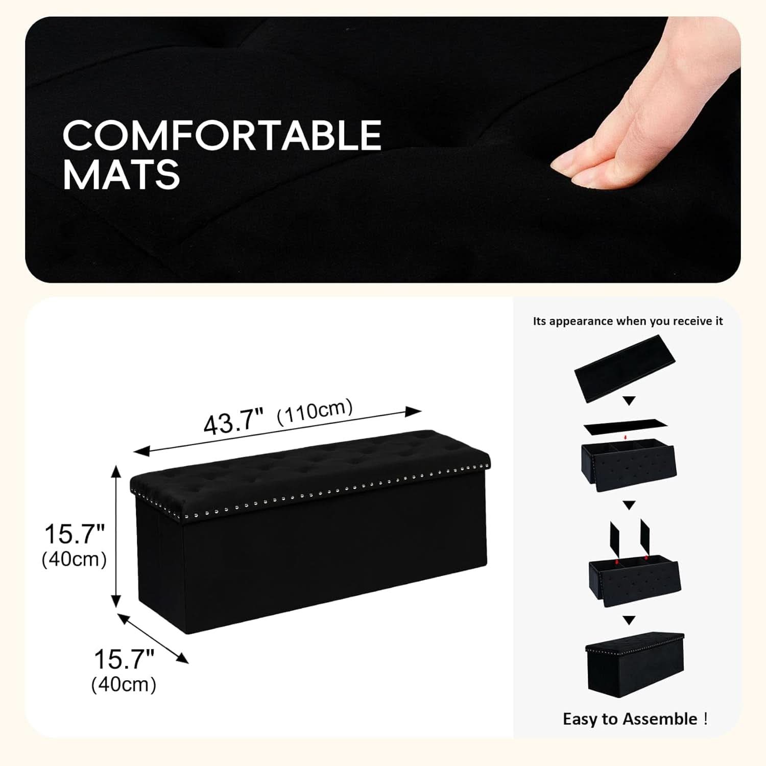 Black Premium Velvet Storage Ottoman Bench Bedroom