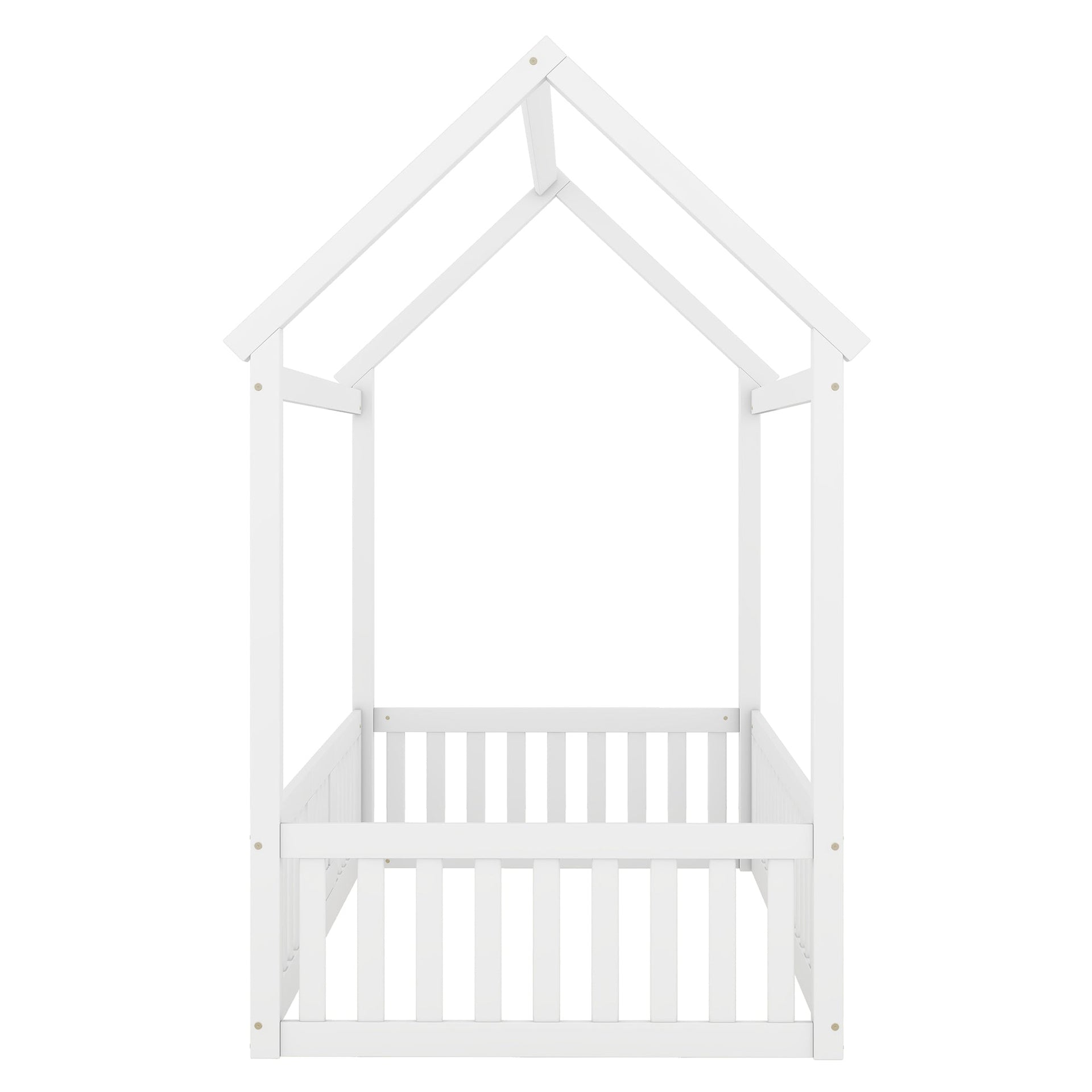 Twin Size Wood House Bed with Fence and Door, White