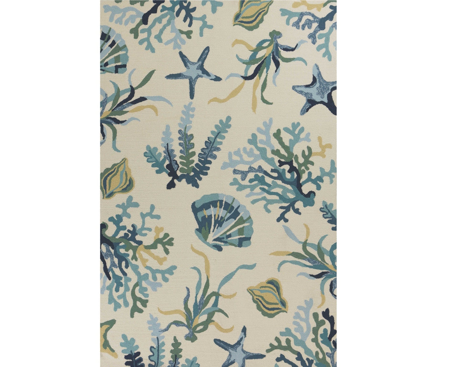 2' X 3' Ivory and Blue Seashell and Coral Hand Tufted Area Rug