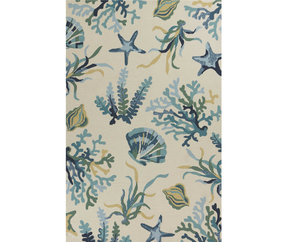 2' X 3' Ivory and Blue Seashell and Coral Hand Tufted Area Rug
