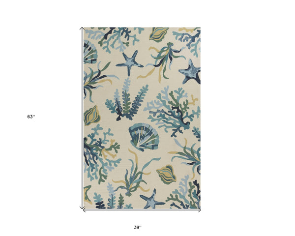 2' X 3' Ivory and Blue Seashell and Coral Hand Tufted Area Rug