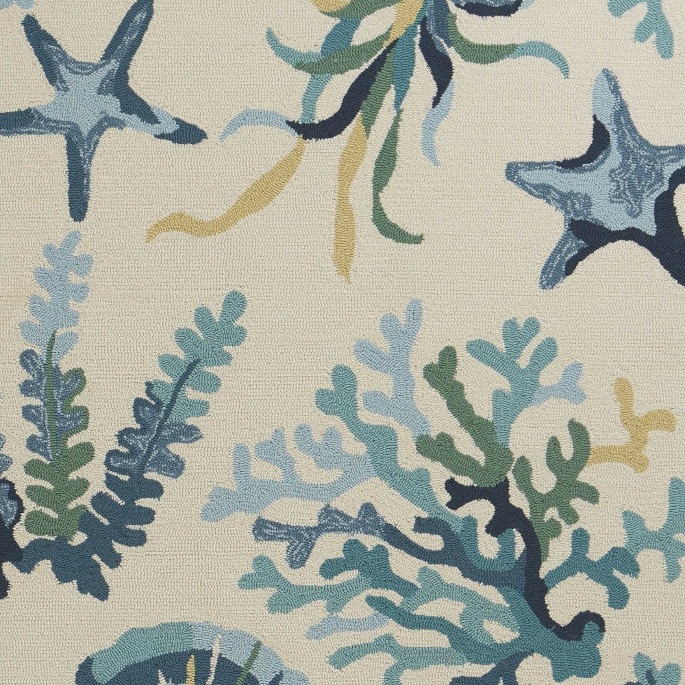 2' X 3' Ivory and Blue Seashell and Coral Hand Tufted Area Rug