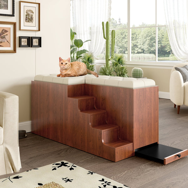 56'L, Furniture Style 2 in 1 Dog Crate with Padded Seat, Sliding Barn Door, Luxury Wooden Dog Kennel, End of Bed Bench Ottoman with Removable Cushion for Bedroom, Living Room, Walnut