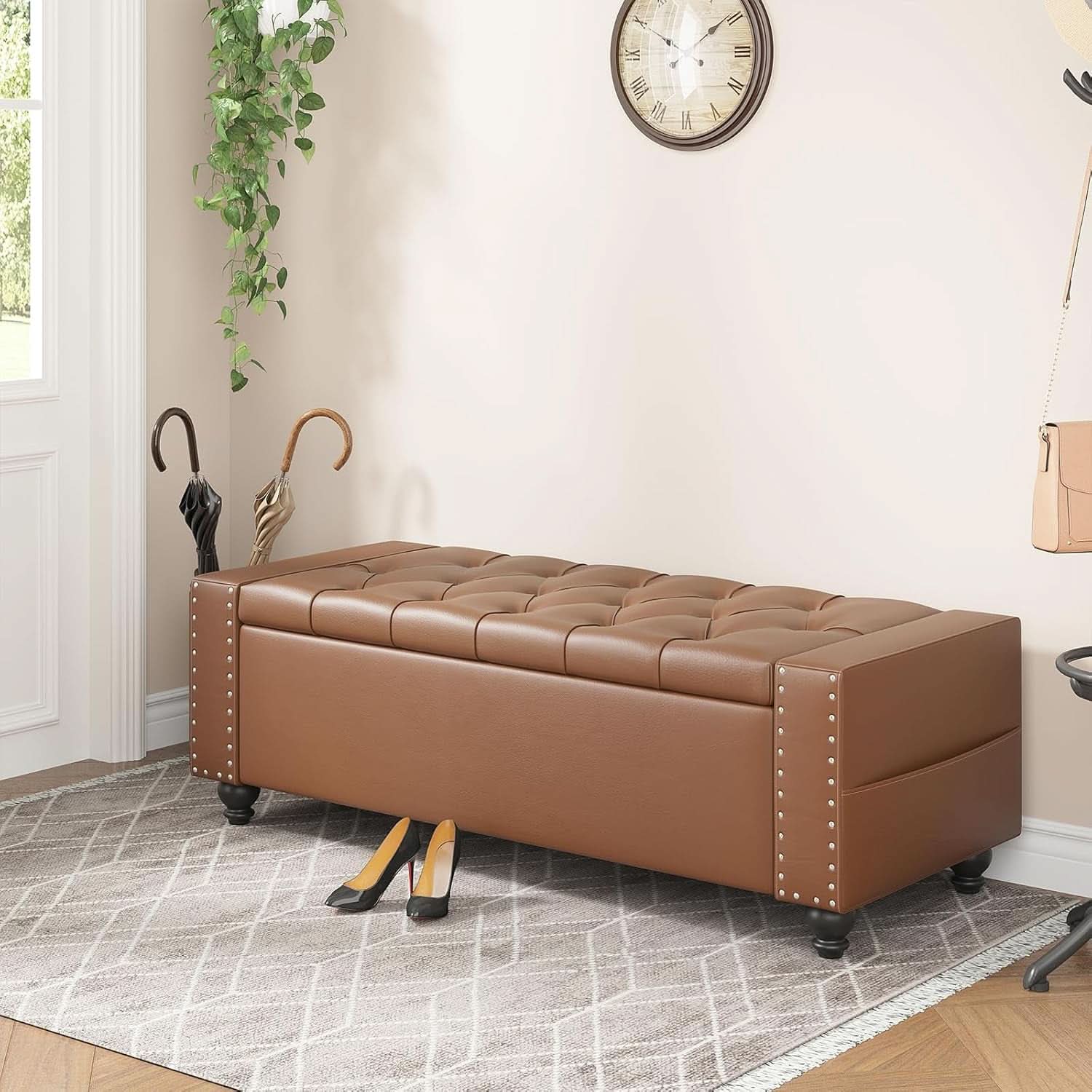 49 Inch Upholstered Storage Ottoman Bench Espresso Brown