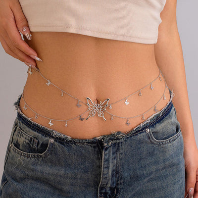 Tassel Butterfly Pendant Double layer Waist Chain for Women's Sexy Street Photography Single circle Metal Body Chain