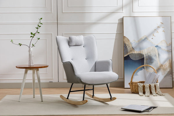 35.5 inch Rocking Chair, Soft Houndstooth Fabric Leather Fabric Rocking Chair for Nursery, Comfy Wingback Glider Rocker with Safe Solid Wood Base for Living Room Bedroom Balcony