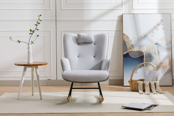 35.5 inch Rocking Chair, Soft Houndstooth Fabric Leather Fabric Rocking Chair for Nursery, Comfy Wingback Glider Rocker with Safe Solid Wood Base for Living Room Bedroom Balcony