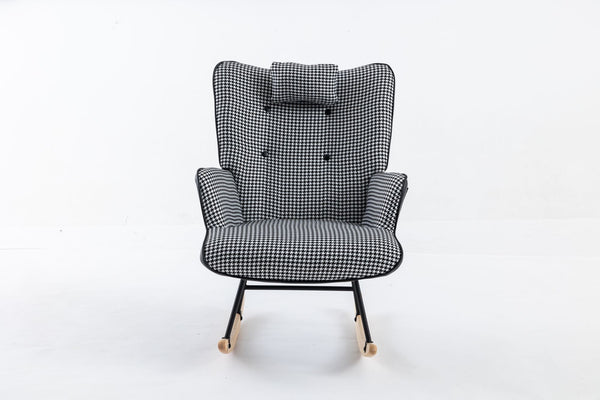 35.5 inch Rocking Chair, Soft Houndstooth Fabric Leather Fabric Rocking Chair for Nursery, Comfy Wingback Glider Rocker with Safe Solid Wood Base for Living Room Bedroom Balcony