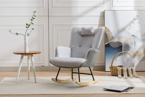 35.5 inch Rocking Chair, Soft Houndstooth Fabric Leather Fabric Rocking Chair for Nursery, Comfy Wingback Glider Rocker with Safe Solid Wood Base for Living Room Bedroom Balcony