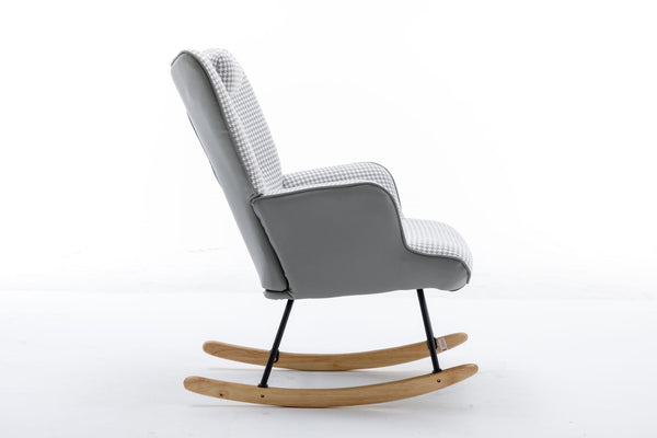 35.5 inch Rocking Chair, Soft Houndstooth Fabric Leather Fabric Rocking Chair for Nursery, Comfy Wingback Glider Rocker with Safe Solid Wood Base for Living Room Bedroom Balcony