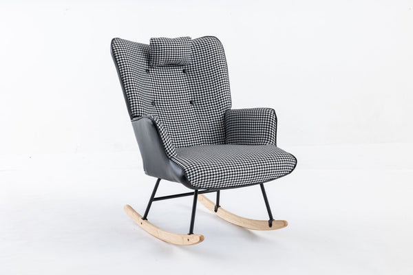 35.5 inch Rocking Chair, Soft Houndstooth Fabric Leather Fabric Rocking Chair for Nursery, Comfy Wingback Glider Rocker with Safe Solid Wood Base for Living Room Bedroom Balcony