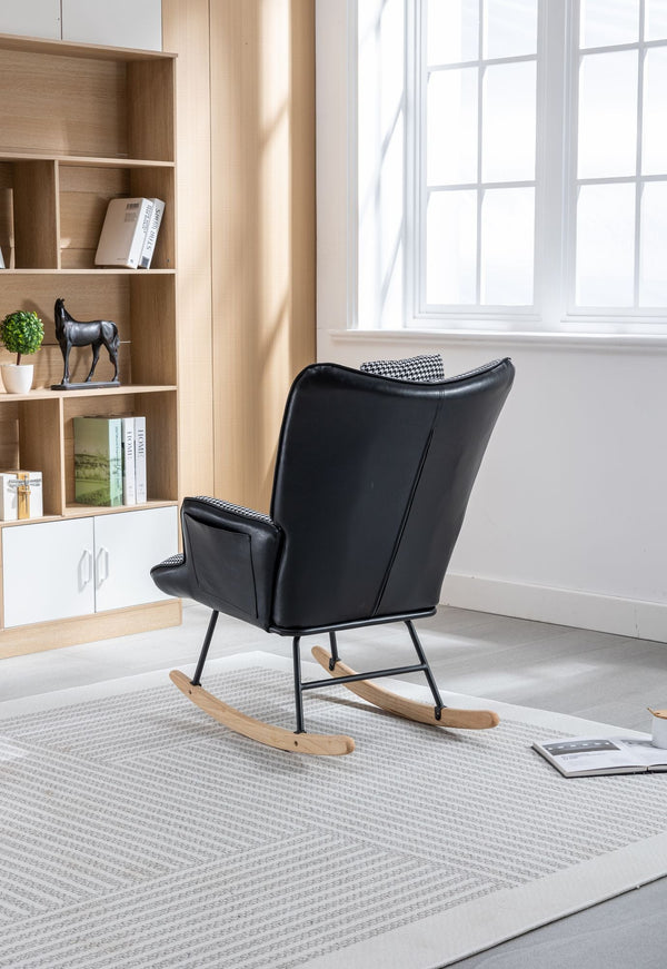 35.5 inch Rocking Chair, Soft Houndstooth Fabric Leather Fabric Rocking Chair for Nursery, Comfy Wingback Glider Rocker with Safe Solid Wood Base for Living Room Bedroom Balcony