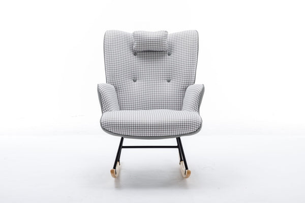 35.5 inch Rocking Chair, Soft Houndstooth Fabric Leather Fabric Rocking Chair for Nursery, Comfy Wingback Glider Rocker with Safe Solid Wood Base for Living Room Bedroom Balcony
