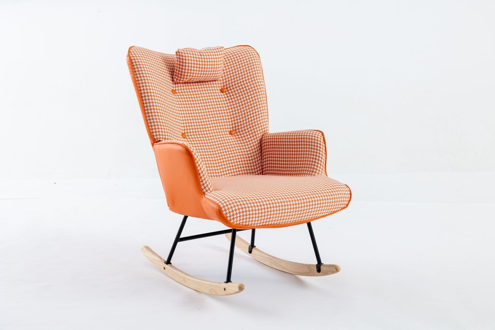 35.5 inch Rocking Chair, Soft Houndstooth Fabric Leather Fabric Rocking Chair for Nursery, Comfy Wingback Glider Rocker with Safe Solid Wood Base for Living Room Bedroom Balcony