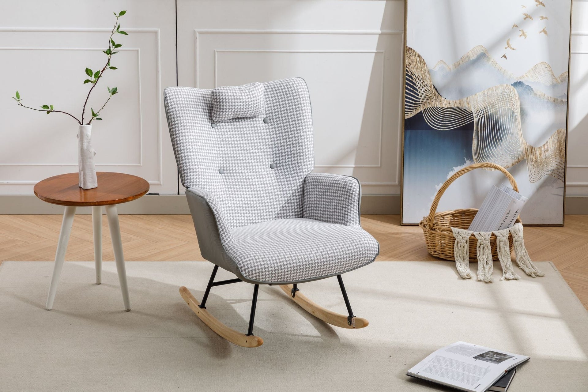 35.5 inch Rocking Chair, Soft Houndstooth Fabric Leather Fabric Rocking Chair for Nursery, Comfy Wingback Glider Rocker with Safe Solid Wood Base for Living Room Bedroom Balcony