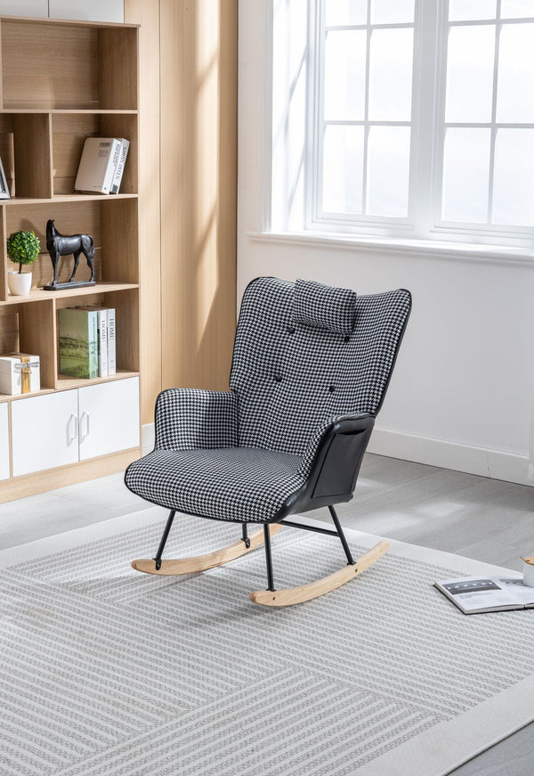 35.5 inch Rocking Chair, Soft Houndstooth Fabric Leather Fabric Rocking Chair for Nursery, Comfy Wingback Glider Rocker with Safe Solid Wood Base for Living Room Bedroom Balcony