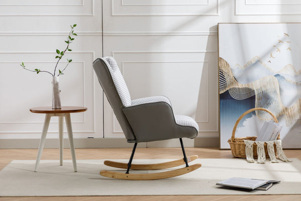 35.5 inch Rocking Chair, Soft Houndstooth Fabric Leather Fabric Rocking Chair for Nursery, Comfy Wingback Glider Rocker with Safe Solid Wood Base for Living Room Bedroom Balcony