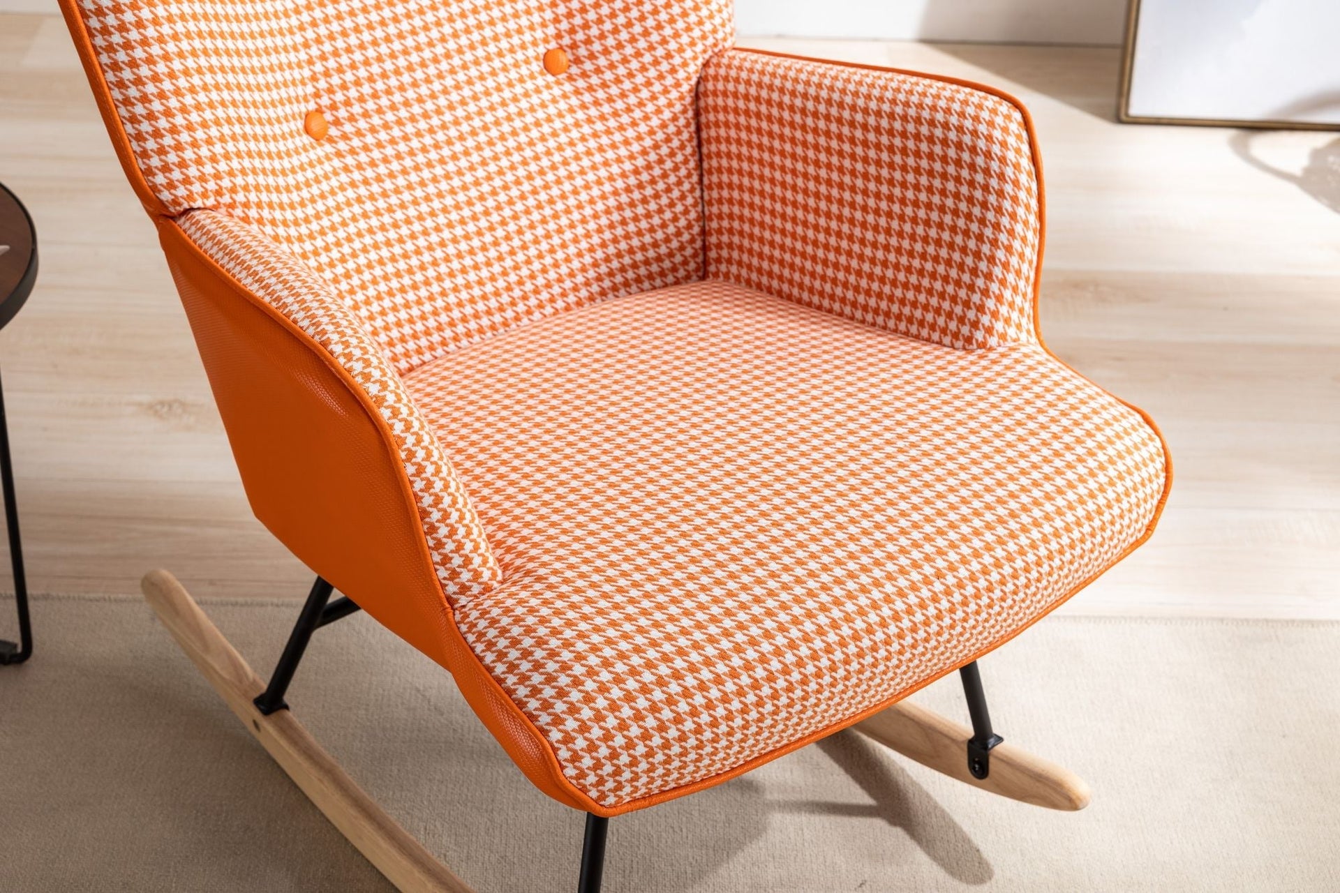 35.5 inch Rocking Chair, Soft Houndstooth Fabric Leather Fabric Rocking Chair for Nursery, Comfy Wingback Glider Rocker with Safe Solid Wood Base for Living Room Bedroom Balcony