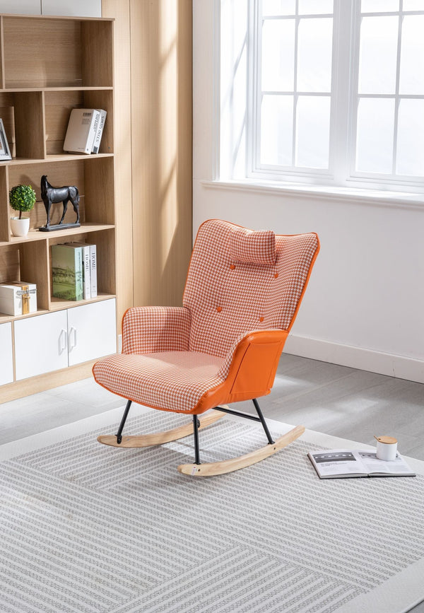 35.5 inch Rocking Chair, Soft Houndstooth Fabric Leather Fabric Rocking Chair for Nursery, Comfy Wingback Glider Rocker with Safe Solid Wood Base for Living Room Bedroom Balcony