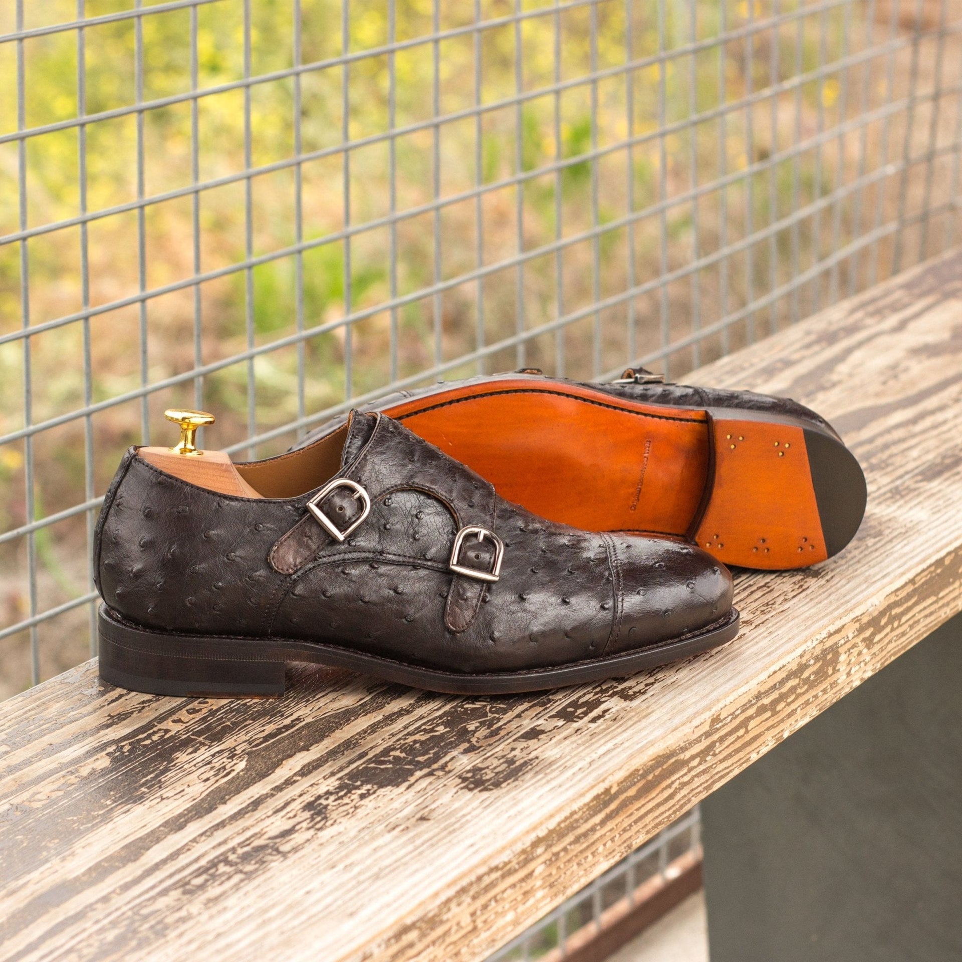 Mariko - Ostrich skin leather double monk strap dress shoes