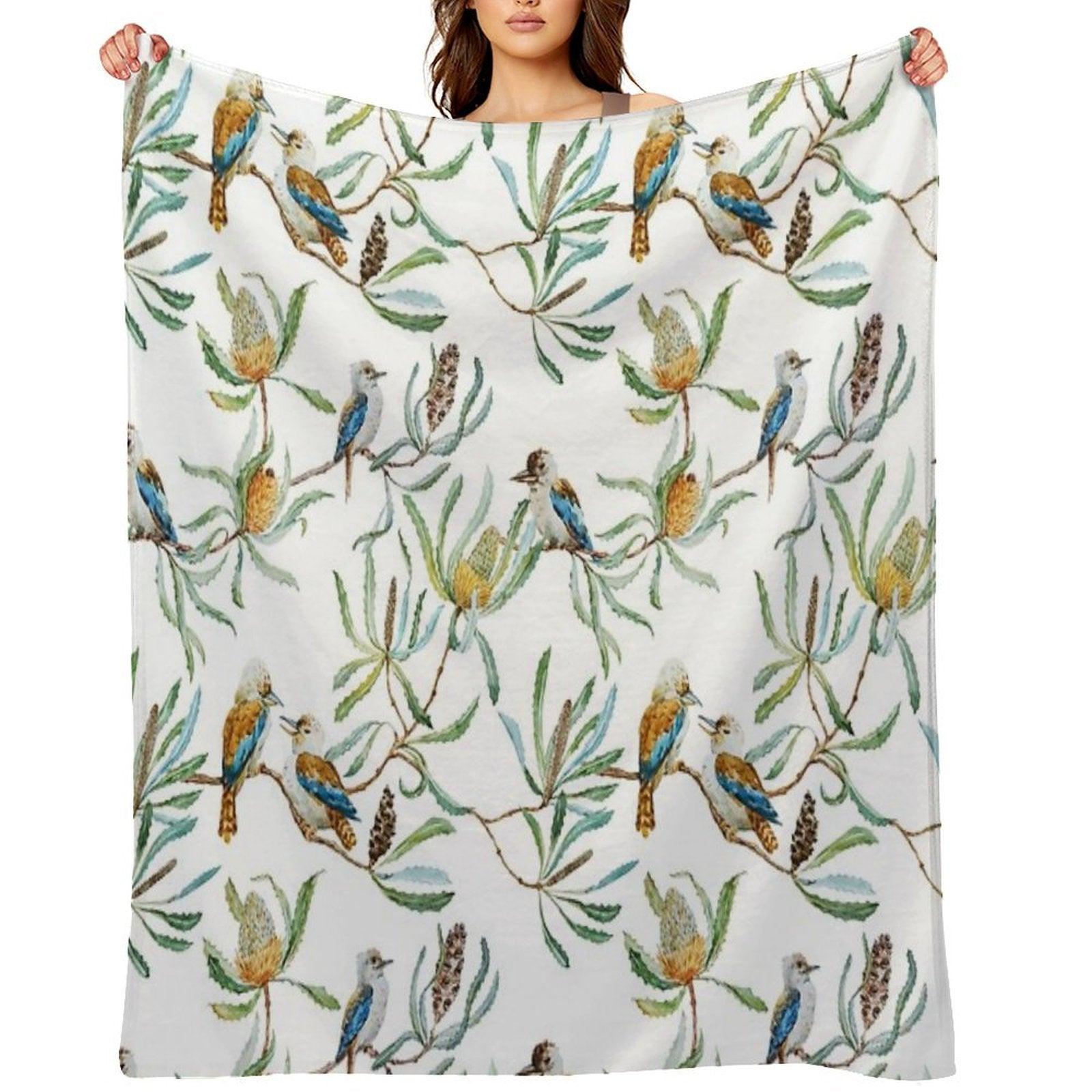 Australian Kookaburras, Waratah Flowers,  Leaves Pattern Throw Blanket