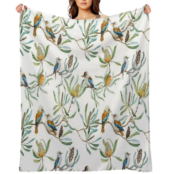 Australian Kookaburras, Waratah Flowers,  Leaves Pattern Throw Blanket